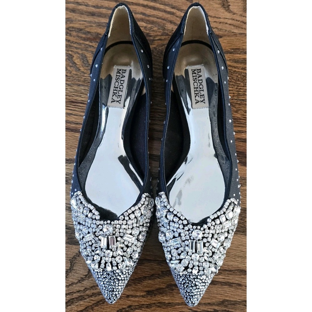 Badgley Mischka Gigi Black Crystal Mesh Pointed Toe Evening Flats - Size 7